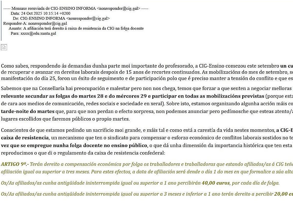 Captura de pantalla del correo electrónico enviado a los profesores afiliados a la CIG