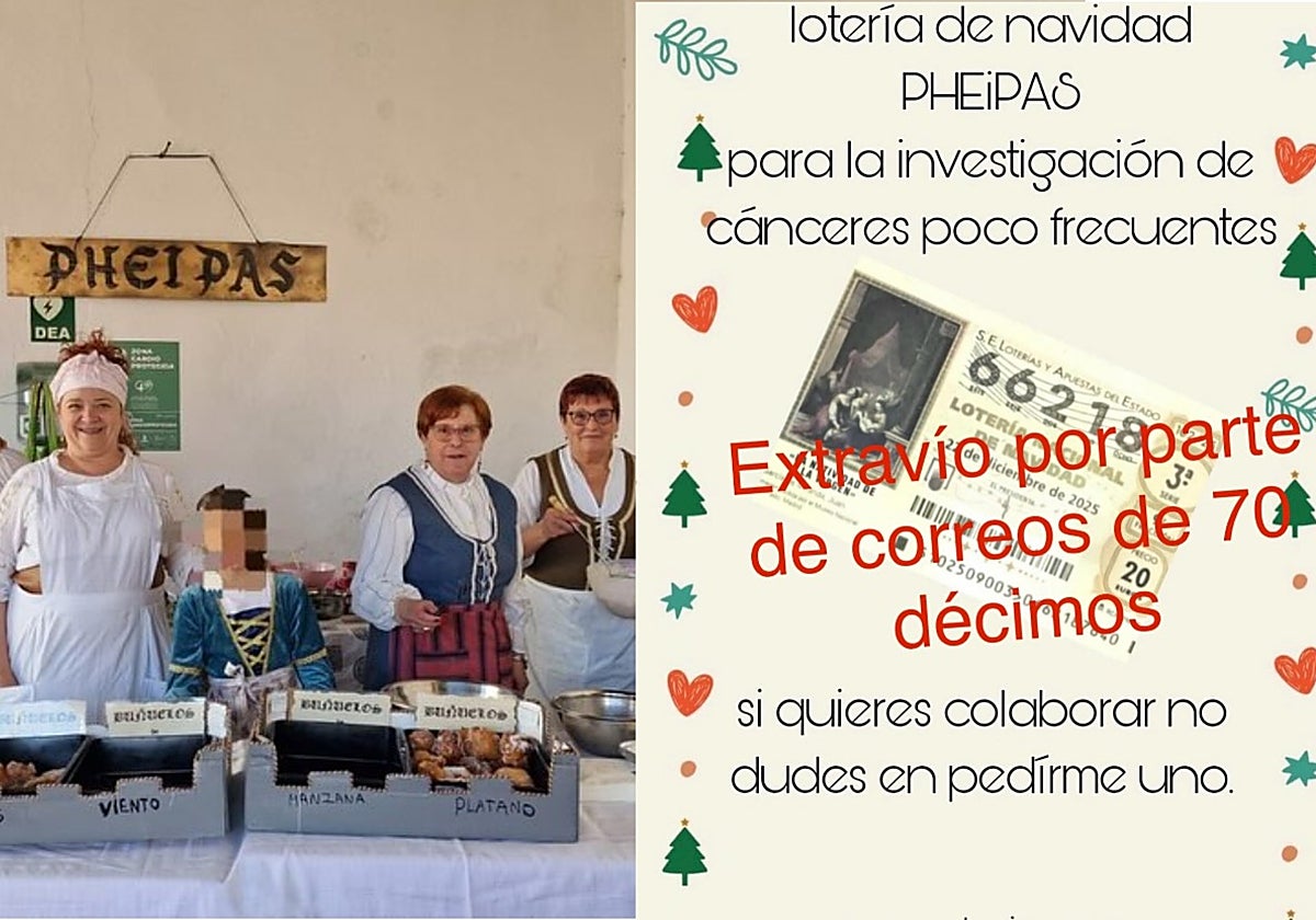 Integrantes de Pheipas durante una actividad y su mensaje de alerta por el extravío de los 70 décimos de Lotería