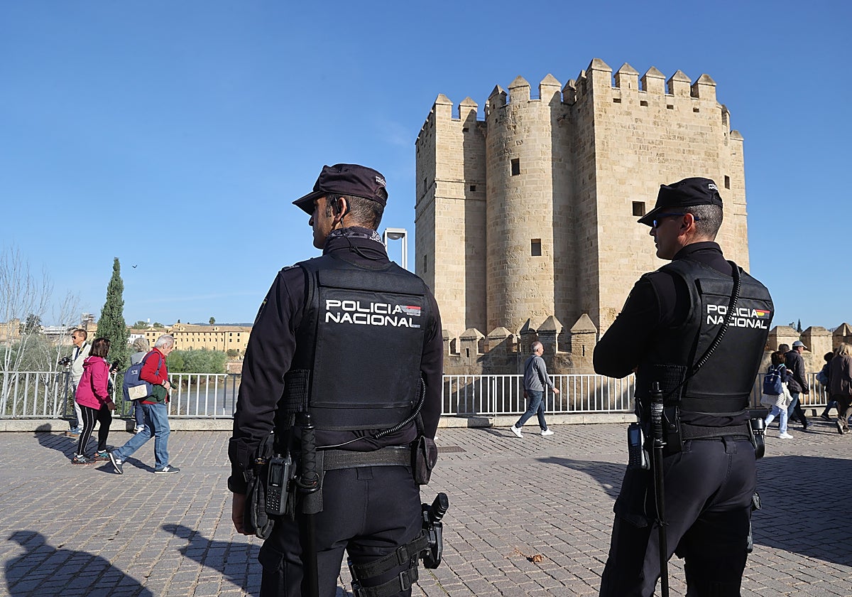 Dos policías patrullan en el entorno de la Torre de la Calahorra
