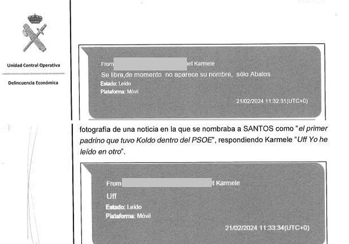 Intercambio de mensajes entre Antxon Alonso (Servinabar) y su mujer tras la detención de Ábalos