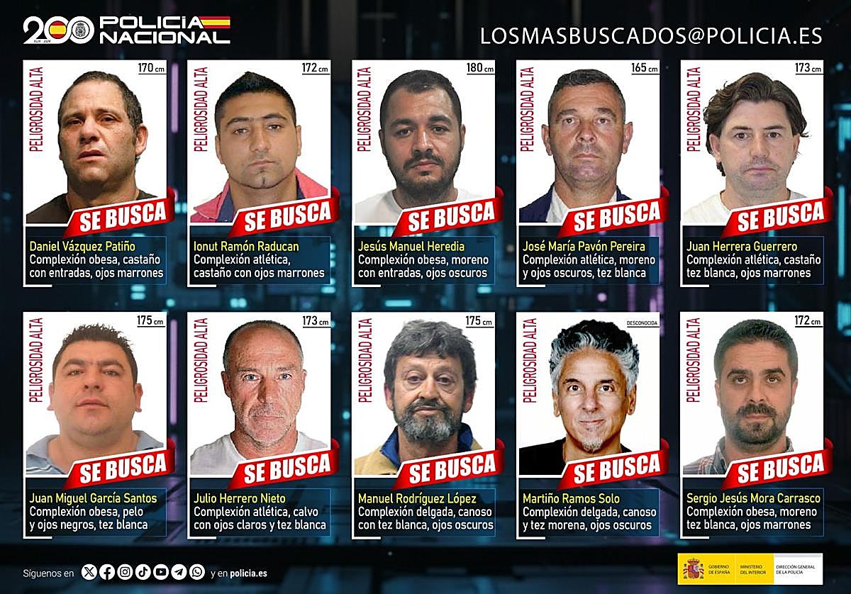 Cartel con los 10 fugitivos más buscados por la Policía Nacional