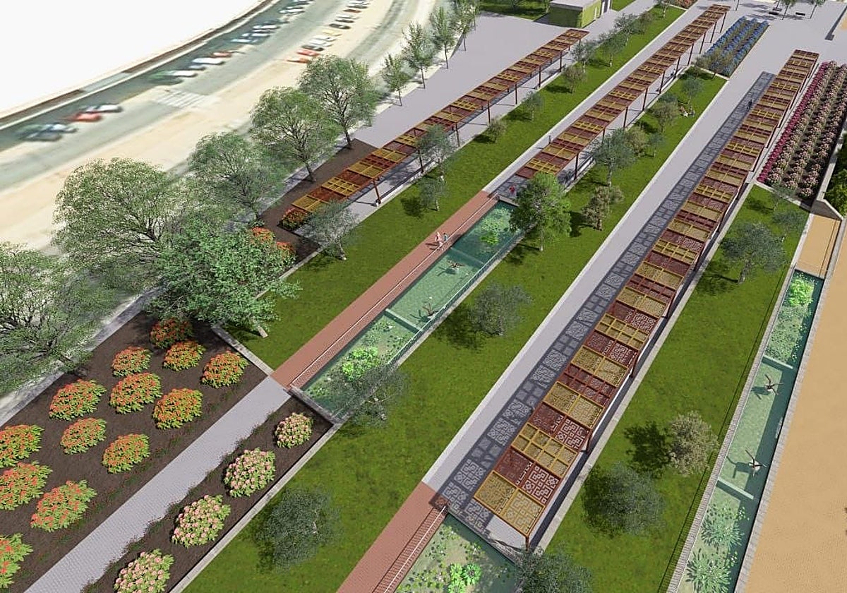 Aspecto del jardín superior del tanque de tormentas en el Balcón del Guadalquivir, una obra que habría sido financiable