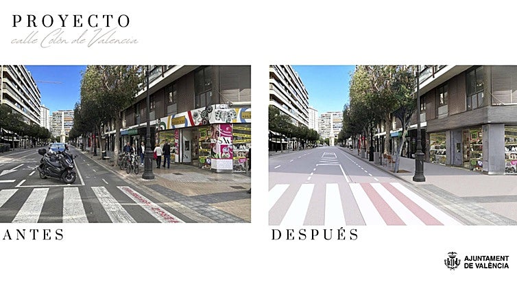 Aceras sin aparcabicis, más bancos y papeleras o alcorques ampliados: la reforma de la calle Colón en Valencia