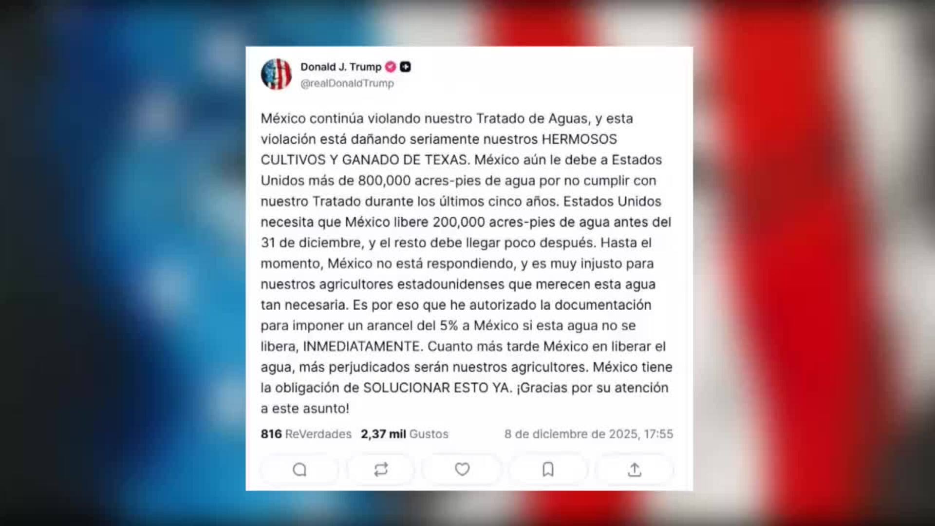 Trump amenaza con arancel del 5% a México por incumplimiento del Tratado de Aguas