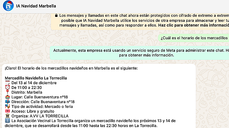 Mensagem do assistente de IA sobre a programação do mercado de Natal de Marbella