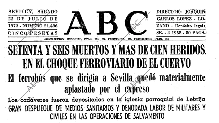 La portada de ABC en el día del accidente ferroviario en Lebrija