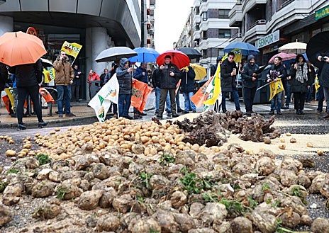 Imagen secundaria 1 - Peleles ardiendo durante las protestas en Valladolid. Patatas derramadas en Zamora y columna de tractores en Burgos