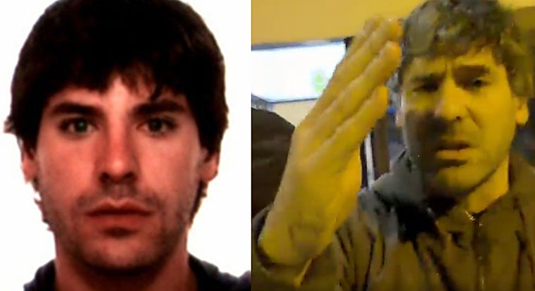 En la foto, a la izquierda, está la fotografía de Errazquin Tellería, del Ministerio del Interior, quien fue vinculado con los asesinatos en 2012 del parlamentario detenido Isaías Carrasco y del empresario Ignacio Uría. En la foto de la derecha, el pasado jueves 12 de febrero, regañando a los periodistas y saludando al co-conspirador Txeroki en la puerta de la prisión de Matutene.