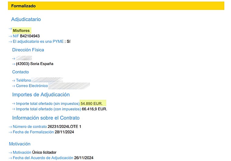 Imagen principal - Contrato de adjudicación del Ayuntamiento de Soria a Mis Flores S.L..