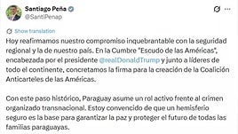 Peña dice que Paraguay asume "rol activo" contra el crimen al integrar coalición de Trump
