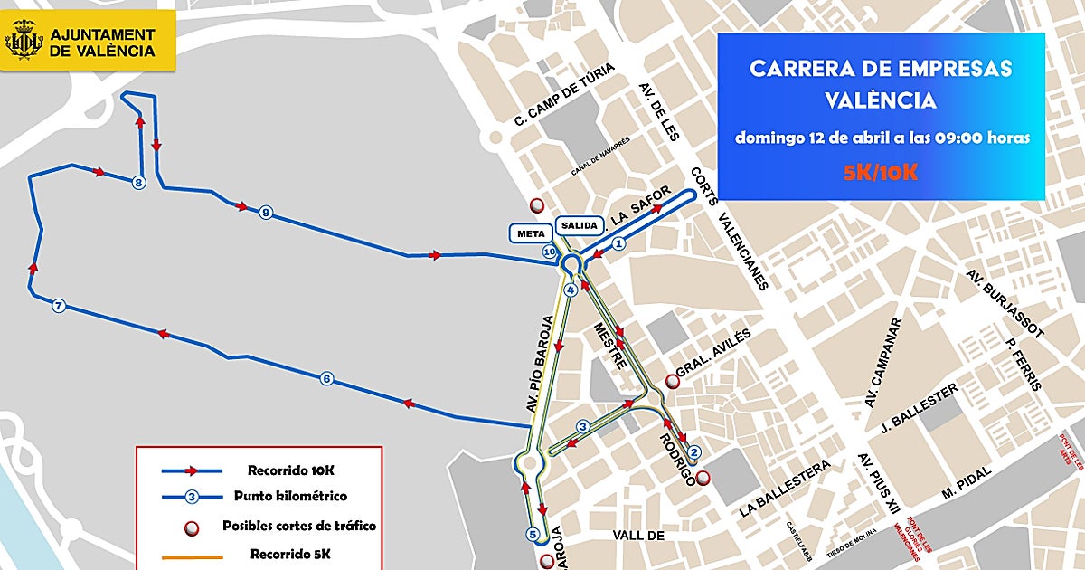 Calles cortadas y líneas de la EMT desviadas en Valencia el domingo 12 de abril por la carrera de empresas