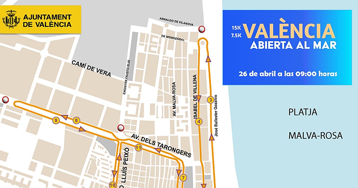 Cortes de tráfico y desvíos de la EMT por la 15K Valencia Abierta al Mar este domingo 26 de abril