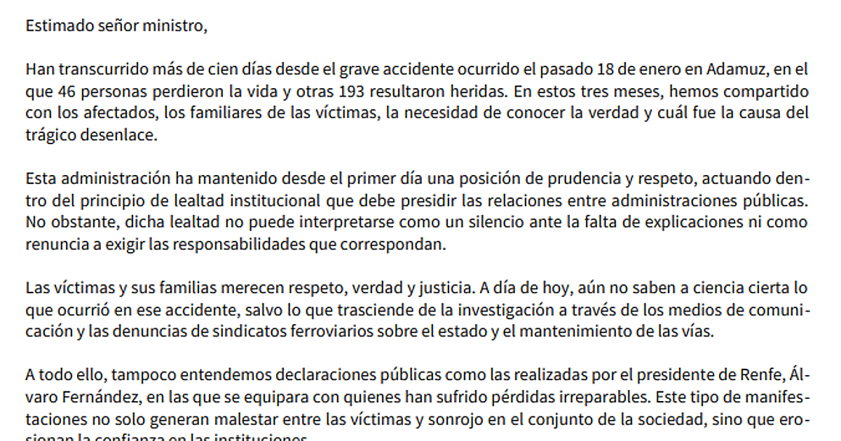 La carta de la Junta de Andalucía a Óscar Puente: «Las víctimas de Adamuz y sus familias merecen respeto, verdad y justicia»