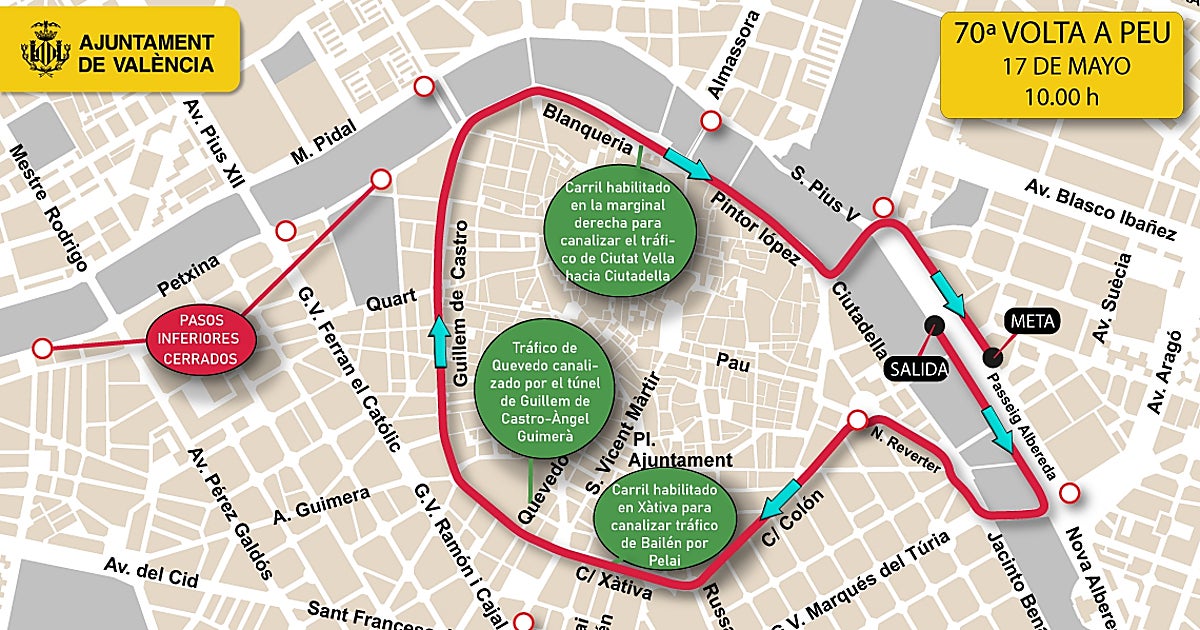 Calles cortadas y 39 líneas de la EMT desviadas este domingo 17 de mayo en Valencia por la Volta a Peu