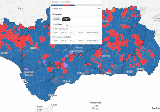 Mapa de los resultados de las elecciones en Andalucía, municipio a municipio