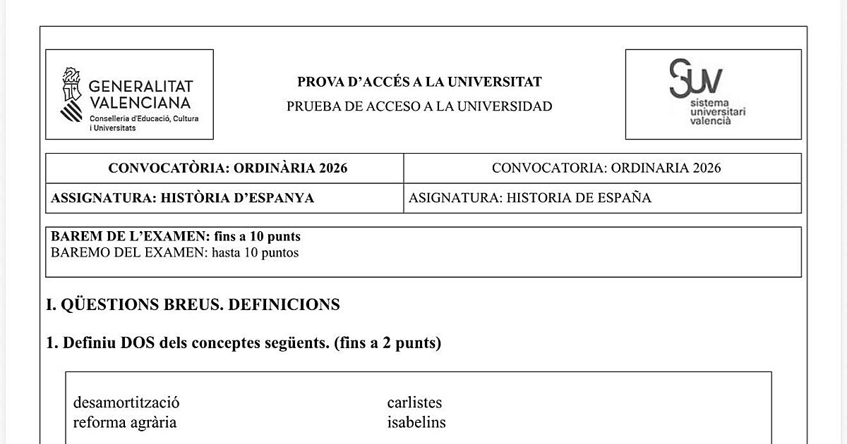 Así ha sido el examen de Historia de España de Selectividad en la Comunidad Valenciana: del Estado liberal a la Primera Guerra Carlista