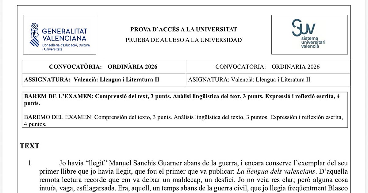 Así ha sido el examen de Valenciano de la Selectividad 2026: de Estellés y Joan Fuster al teatro catalán
