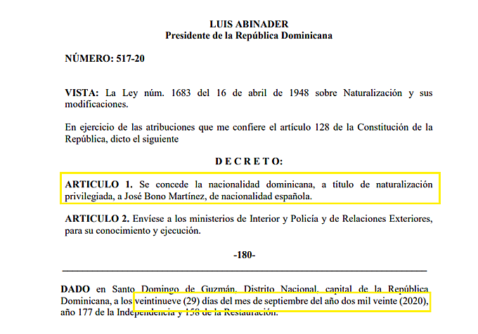 Real decreto que otorga la nacionalidad dominicana a José Bono en al año 2020.