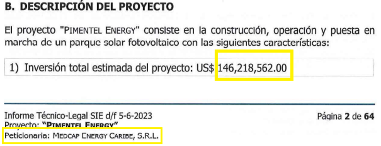 Inversión estimada del proyecto 'Pimentel Energy'.