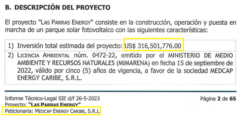Inversión estimada del proyecto 'Las Parras Energy'.