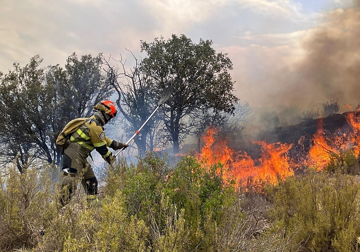 Efectivos del dispositivo autonómico trabajando en el incendio de Peñarroya de Tastavins.