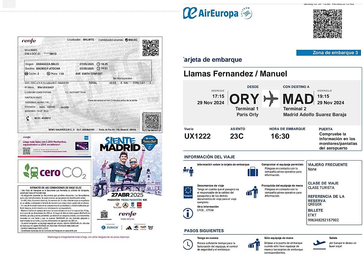 Billetes de avión y tren presentados por el DAO