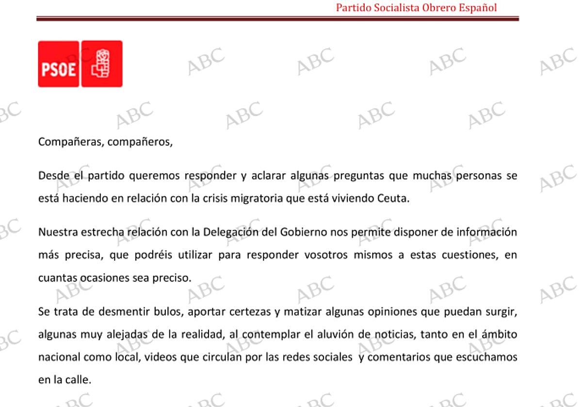 El documento remitido por el PSOE ceutí.