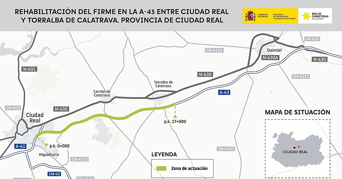 Transportes licita por 6,15 millones la mejora del firme de la A-43 entre Ciudad Real y Torralba
