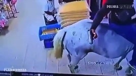 Dos hombres entran a caballo y armados a un pequeño automercado y lo asaltan en Panamá