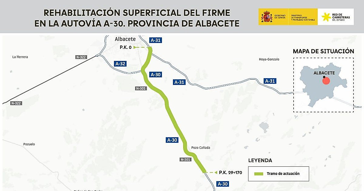 Licitadas por 8,3 millones las obras del firme de la A-30 entre Albacete y Chinchilla de Monte-Aragón