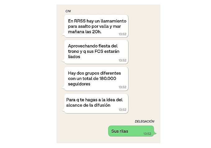Transcripción de los mensajes entre el CNI y Delegación de Gobierno en Ceuta el 29 de julio, a las 13.52 horas.