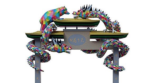 Así será el arco del 'Chinatown' de Usera: un oso y dos dragones multicolor con el sello de Okuda