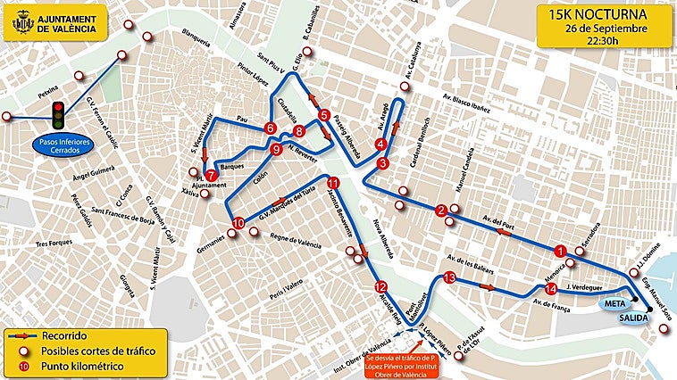 Calles cortadas en Valencia este sábado por la carrera 15K Nocturna y cambios en líneas de la EMT