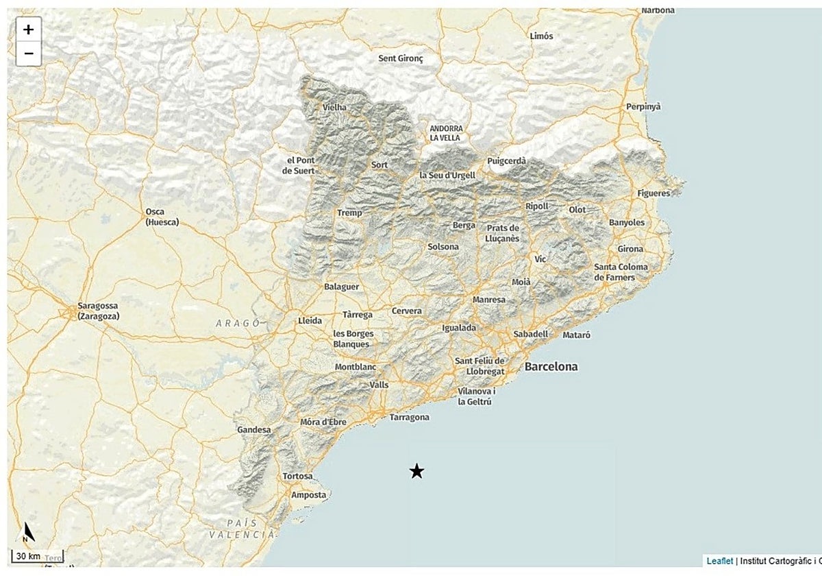 El punto donde se ha registrado el terremoto en el mar, entre Cataluña y Baleares