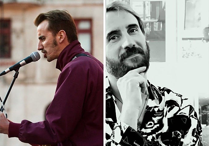 2014, primer acto de Podemos en Asturias. Pablo Und Destruktion (Pablo García), entonces y en la actualidad.