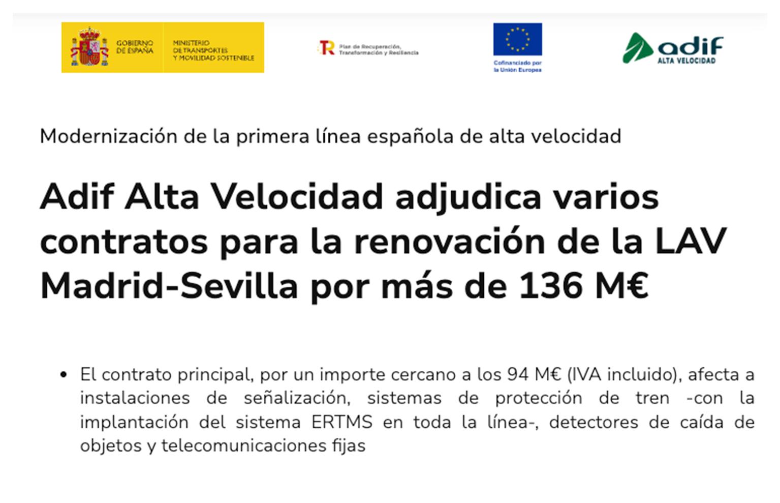 Captura de la adjudicación de la renovación del sistema ERTMS del 16 de septiembre de 2021