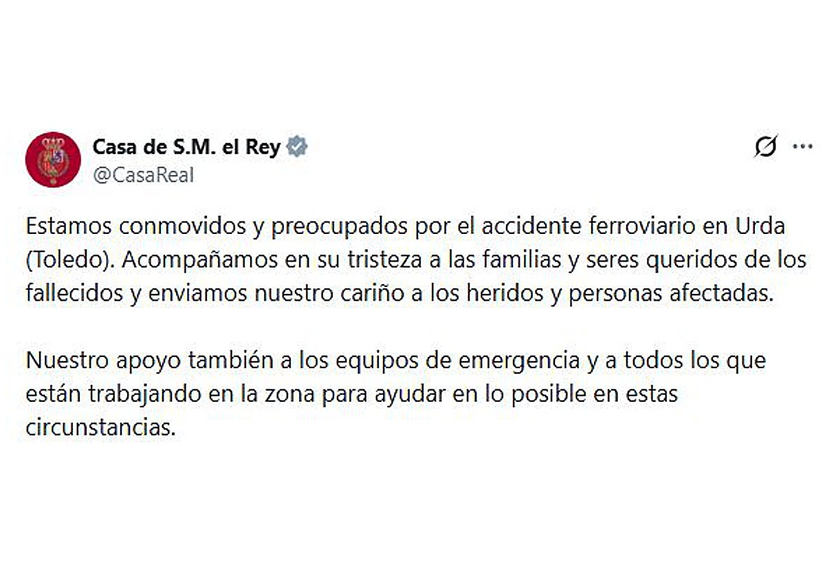 El Rey lamenta el "terrible accidente" ferroviario de Urda (Toledo) y expresa su pésame