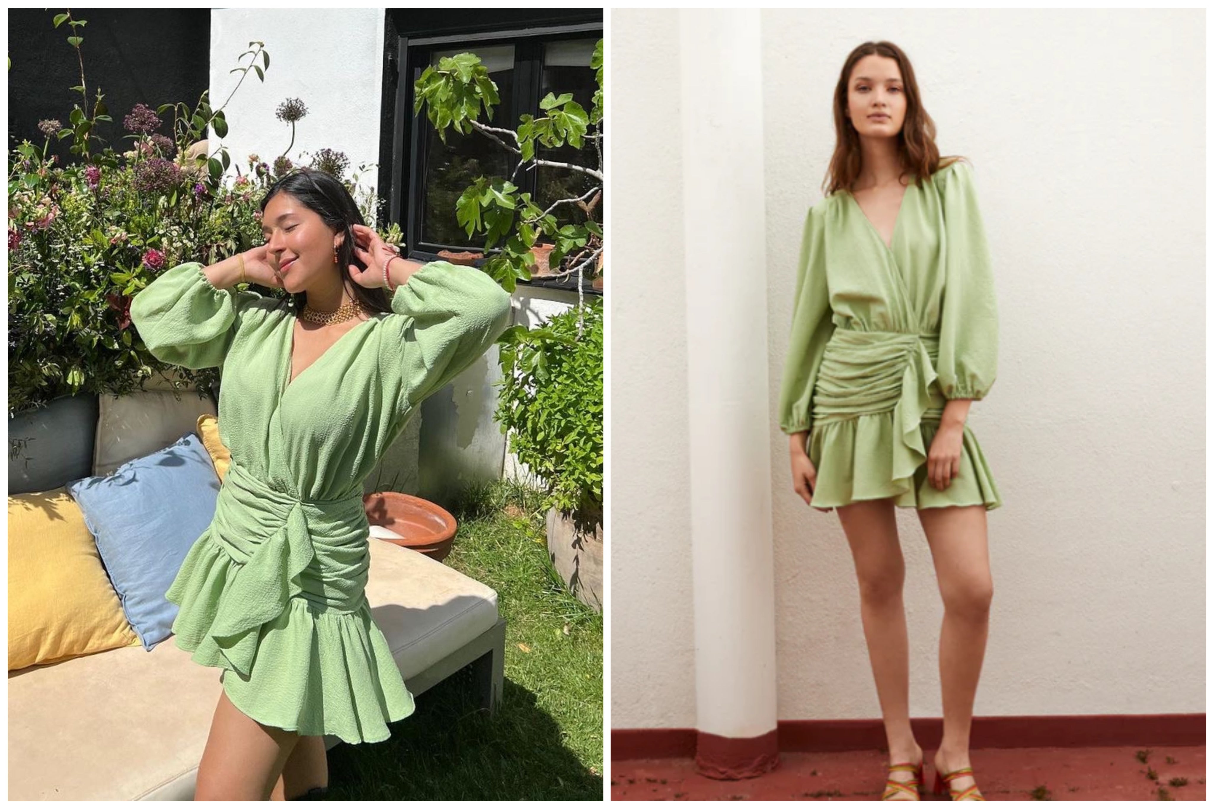 La influencer Gabriela Toral con vestido corto con manga larga abullonada en tejido con estructura de Name The Brand: 91 euros. 