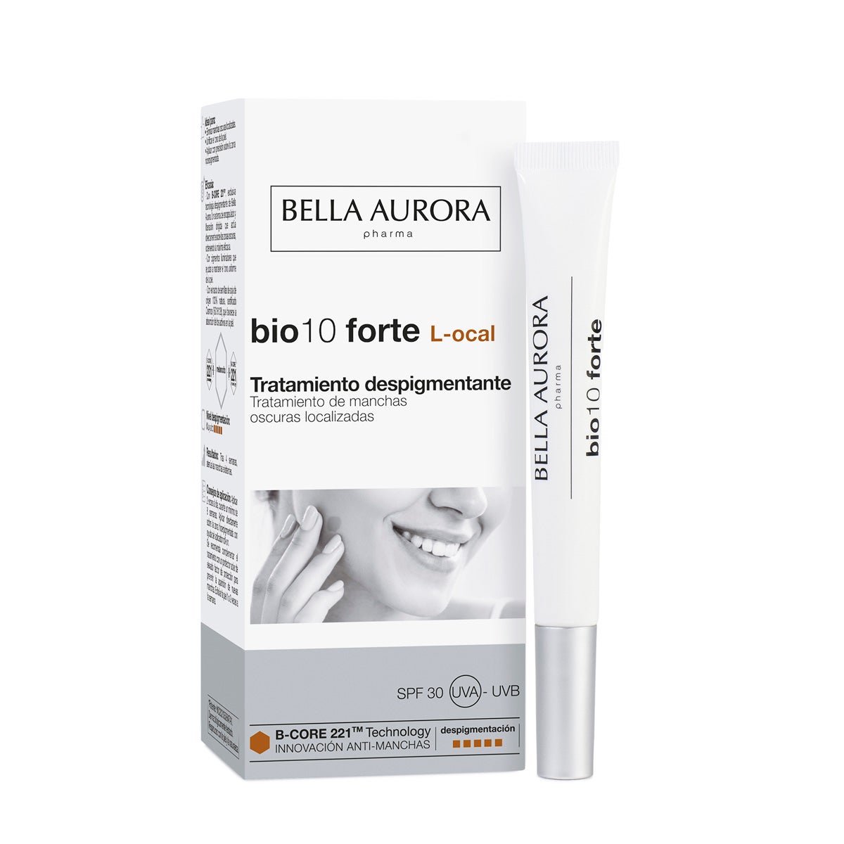 bio10 forte L-ocal tratamiento despigmentante de Bella Aurora (20,80 euros). Tratamientos despigmentante para manchas localizadas, con aplicador roll-on que facilita la aplicación en la zona hiperpigmentada. Atenúa las manchas oscuras y unifica el tono. Perfecto para personas que tienen manchas localizadas en el rostro.