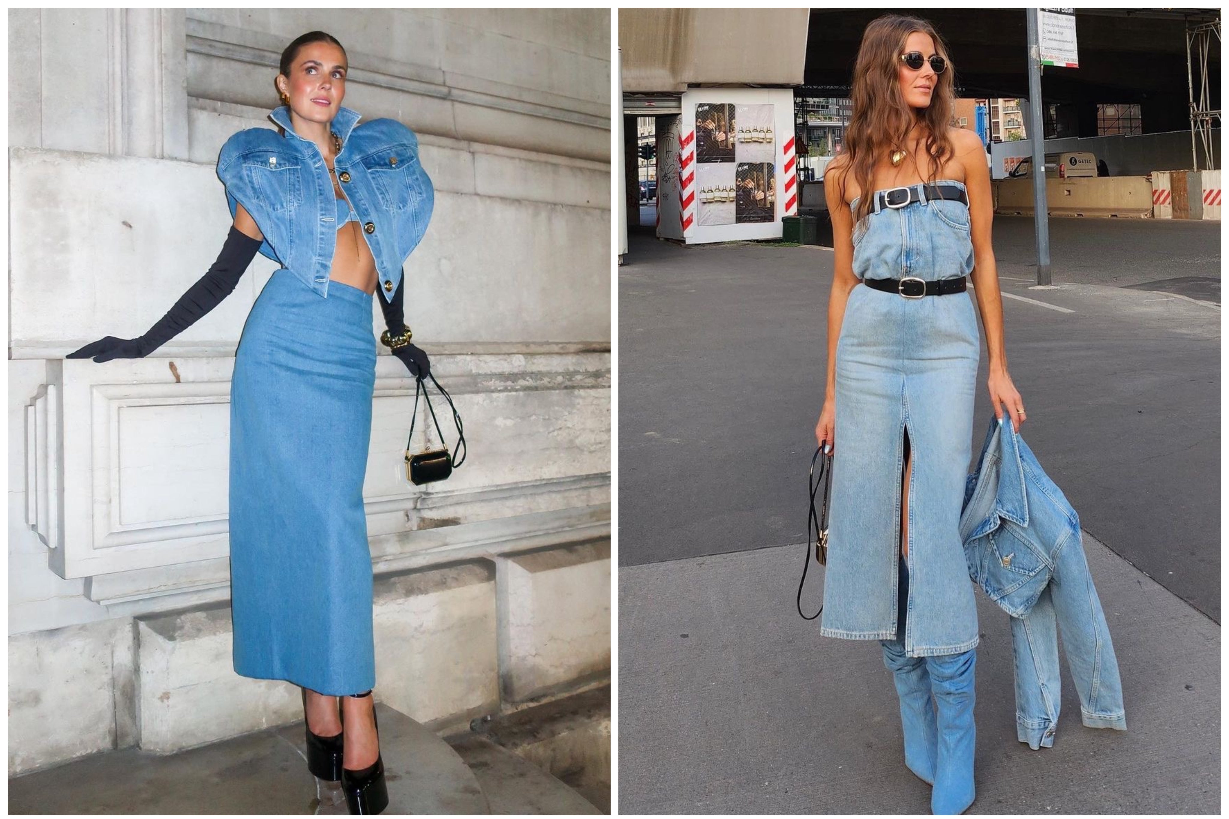 La 'influencer' Nina Sandbech es la reina del total look denim y nos parece de lo defiende de manera muy elegante. En la primera imagen se la ve con una falda maxi, top y chaqueta vaquera, mientras que en la segunda viste un vestido con doble cinturón, chaqueta y botas XL, muy en tendencia esta temporada.