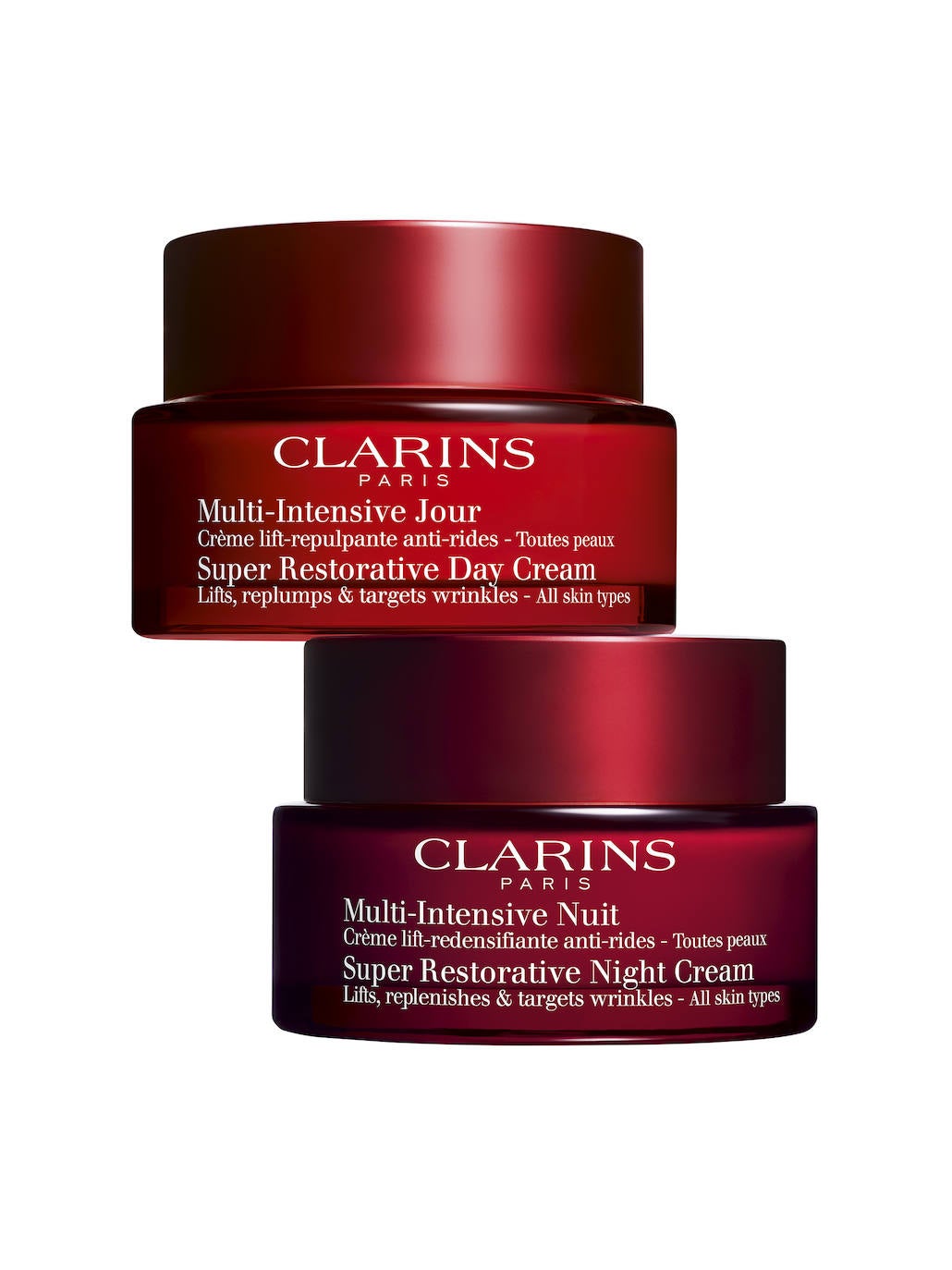 Multi Intense Jour (117,50 €) y Night (126 €) de Clarins. Tratamientos del rostro para mujeres de más de 50 que buscan hidratar y nutrir la piel, prevenir las manchas, luminar y reafirmar. Los laboratorios Clarins han seleccionado un poderoso dúo de extractos vegetales, con demostrada eficacia redensificante y tensora: Harungana bio + Árgoma bio.