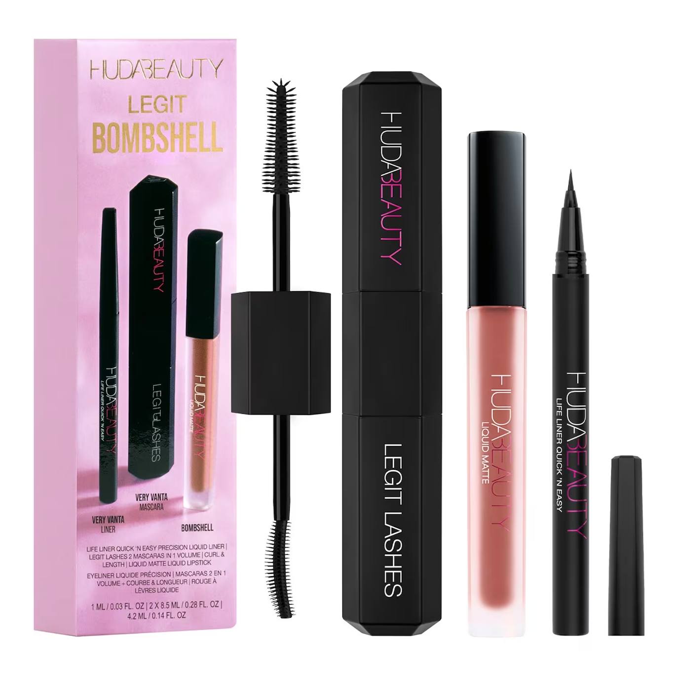 Set de maquillaje Legit Bombshell Set Huda Beauty (47,99 €, solo en Sephora). Trío de best-sellers de la marca para un look glam de día o de noche: máscara de pestañas Very Vanta Legit Lashes (da volumen, longitud y curvatura), delineador de ojos de punta superfina Life Liner Quick’N Easy Precision y labial mate ligero Liquid Matte Lipstick.