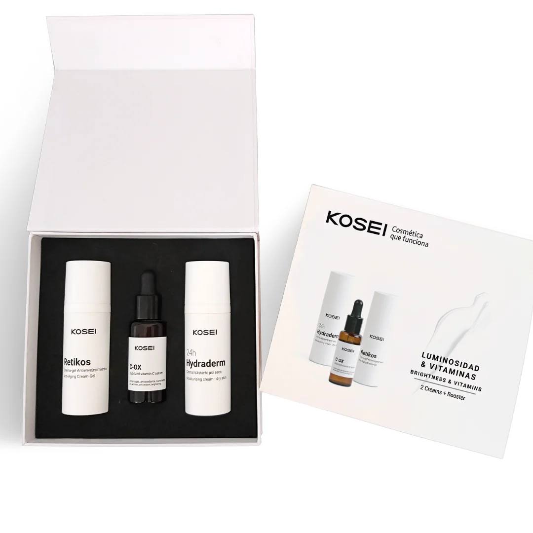 Pack Luminosidad & Vitaminas de Kosei (92,99 €). Este pack combina dos potentes activos, el retinol y la vitamina C para la lucha contra las arrugas, las manchas, la flacidez o la falta de luminosidad entre otros. Contiene: C-OX stabilized vitamin C 3% 30 ml, Retikos crema con retinol 50 ml, Hydraderm crema hidratante 24 h piel seca 50 ml.