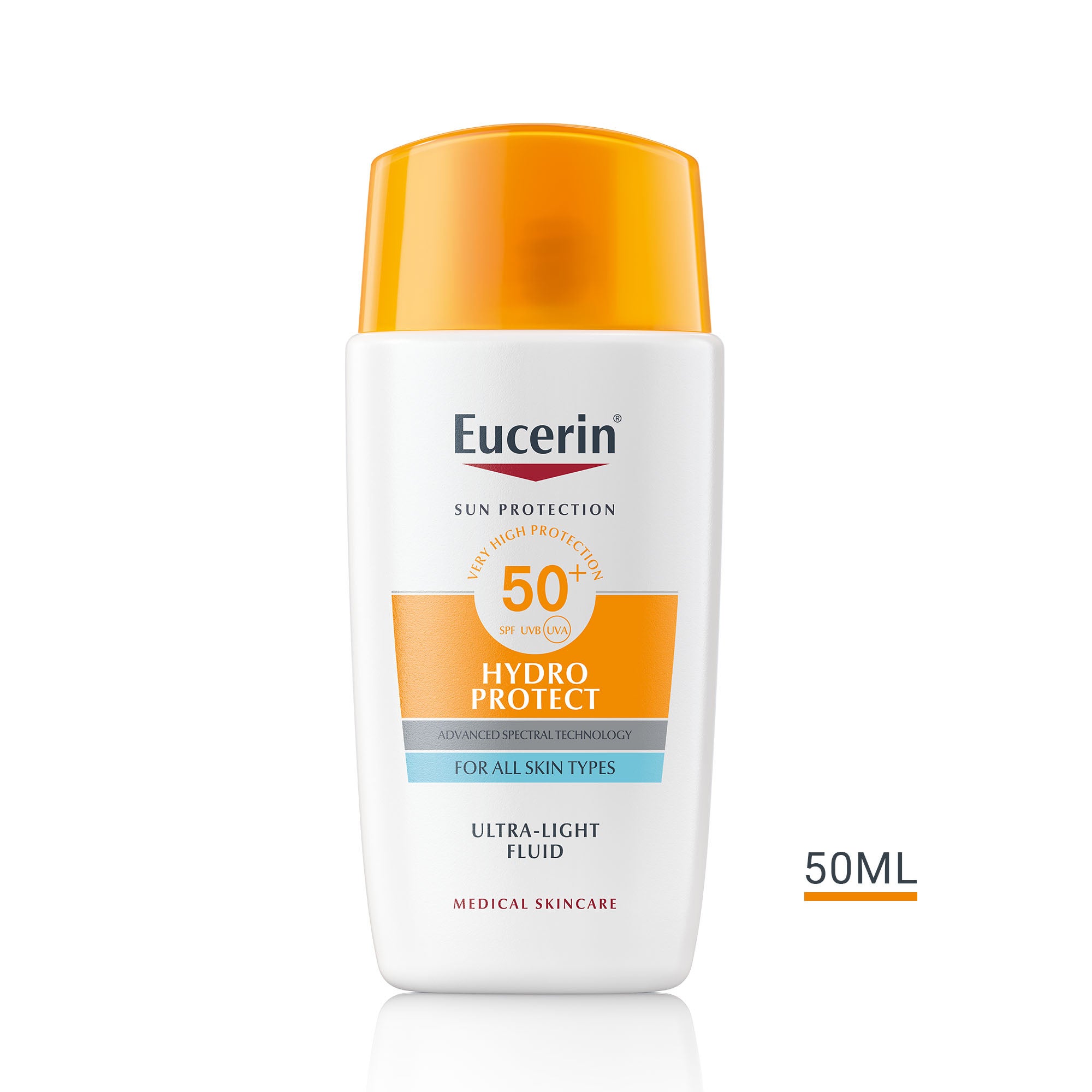 Sun face Hydro Protect Ultra Light Fluid FPS 50+ de Eucerin ( 20,25 €). Fluido de textura ultraligera de rápida absorción, con cero residuos grasos, protección muy alta y efectiva FPS50+ de uso diario que proporciona un plus de hidratación gracias a su fórmula Hydro-Tech Complex aportando una sensación fresca y agradable en la piel. Apto para todas las pieles, incluidas las más sensibles, deja un acabado invisible protegiendo de los rayos UV y a la vez cuidando la piel gracias a ingredientes como el ácido hialurónico o el ácido glicirretínico.