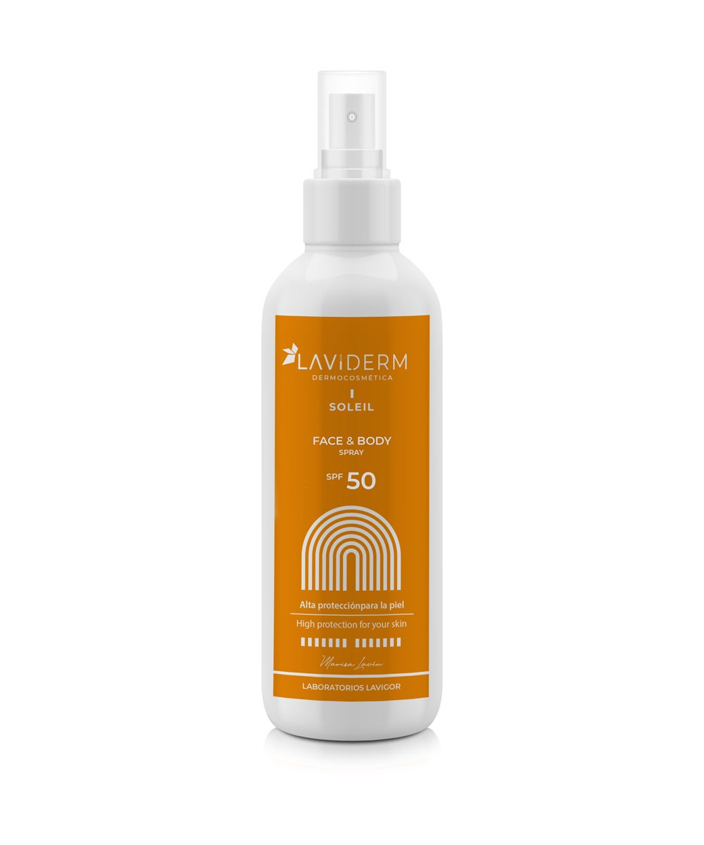 Laviderm Soleil Face & Body Spray SPF 50 (34 €). Emulsión solar y corporal en spray de protección 50, súper refrescante, con una textura muy ligera y acabado invisible. Contiene ingredientes activos que mejoran el estado de la piel y ofrecen una protección solar alta incluso para el cuero cabelludo. Además, este solar previene el envejecimiento cutáneo prematuro, los eritemas solares, la formación de manchas derivadas de la radiación solar, e hidrata y repara.