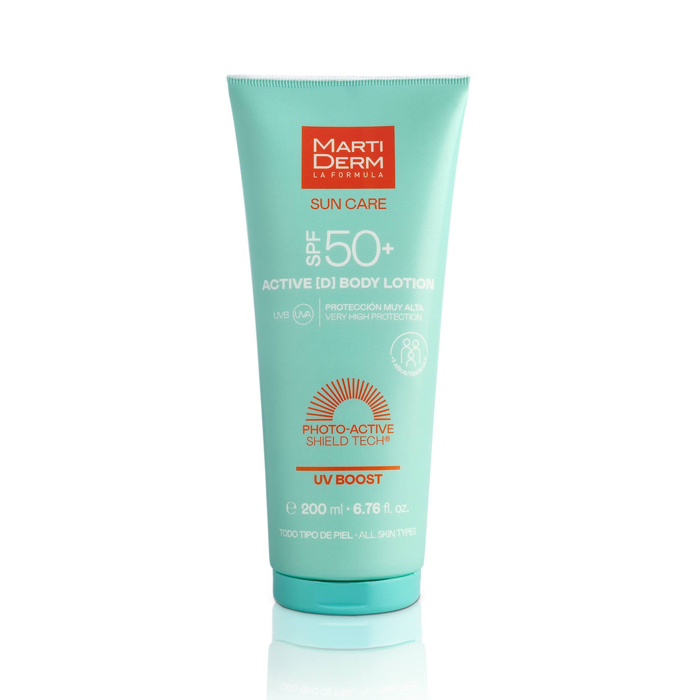 MartiDerm Active (D) Body Lotion SPF 50+ (25,95 €). Fotoprotector corporal de textura ligera para toda la familia con un acabado invisible e hidratante. Contiene Photo-Active Shield Technology® que permite aumentar su eficiencia bajo la radiación UV. Apto para niños de más de 3 años.