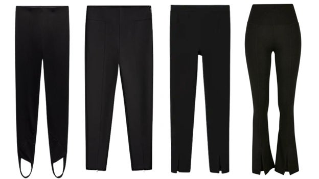 De izda. a dcha.: Leggings fuseau de tiro alto con cintura elástica, de Zara (19,90€). Leggings con cremallera en el bajo, de Massimo Dutti (45,95€). Leggings con abertura en el bajo, de Mango (19,90€). Leggings con el bajo acampanado, de Urban Classics (25,95€)