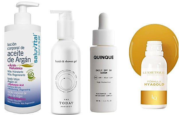 De izquierda a derecha: Loción corporal de aceite de Argán de Saluvital (11,95 euros), con ácido hialurónico; Shampoo, Hands & Shower Gel Ethereal Sunset de The Today Project (39 euros), una fórmula 3 en 1, concentrada, biodegradable y con más de un 98% de ingredientes naturales; Protector solar diario Daily SPF 50 Serum de Quinque (46 euros); Fórmula Hyagold de Luxmetique (44,95 euros, 15 viales), nutricosmética bebible con gran concentración de ácido hialurónico.