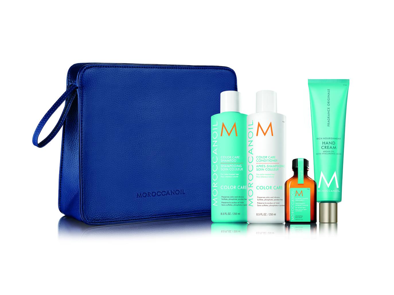 Set Cuidado del Color Luminous Wonders de Moroccanoil (71,50 euros). Dentro de un neceser azul de edición limitada están incluidos el Champú Color Care de 250 ml, el Acondicionador Color Care de 250 ml, el Tratamiento Moroccanoil de 25 ml y la Crema de Manos Moroccanoil -Fragance Originale de 100 ml. De venta en salones y spas de lujo, además de en su web.