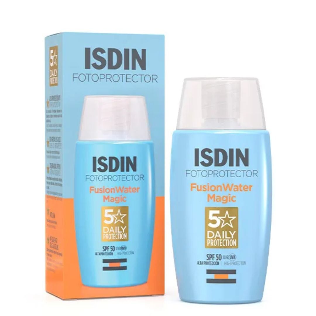 Crema solar Fusion Water Magic de Isdin (18,39 euros en Druni). Un fotoprotector facial ligero de fase acuosa que se funde rápidamente en la piel sin dejar residuo graso. Apto par todo tipo de pieles, incluso las grasas o las sensibles, ofrece alta protección con SPF 50, y contiene ácido hialurónico y vitamina E, activos que cuidan la piel.